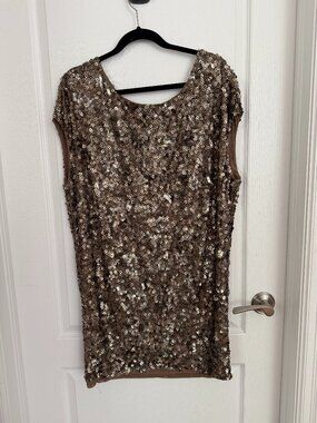 Vince Mocha Brown Sequin Short Sleeve Scoop Neck Shift Dress Medium